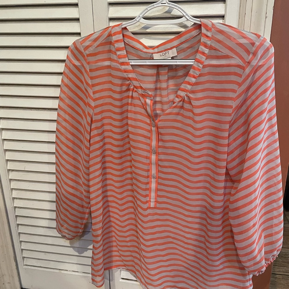 LOFT Coral and White Striped Button-Front Blouse